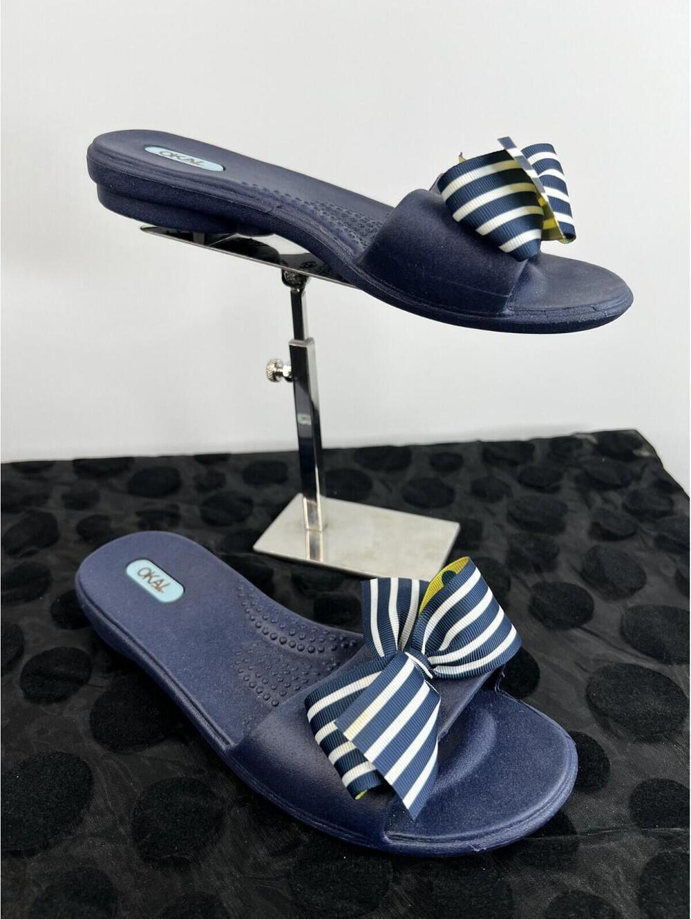 OKA-Bee Navy Blue Bow Slide Sandals Womens Small Made In USA Comfort Sandals